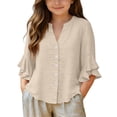 thumbnail image 2 of CQONEPT Linen Button Down Shirt for Girl 3/4 Length Ruffle Sleeve Tops Casual V Neck Cute Shirts Summer Vacation Blouses Beige 3 Years, 2 of 7