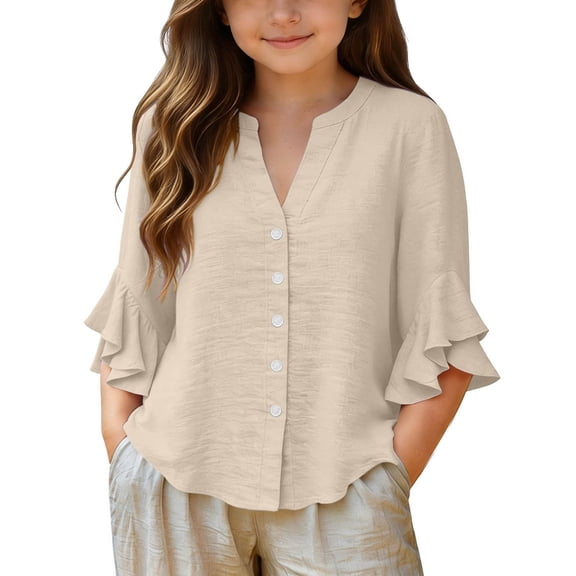 CQONEPT Linen Button Down Shirt for Girl 3/4 Length Ruffle Sleeve Tops Casual V Neck Cute Shirts Summer Vacation Blouses Beige 3 Years