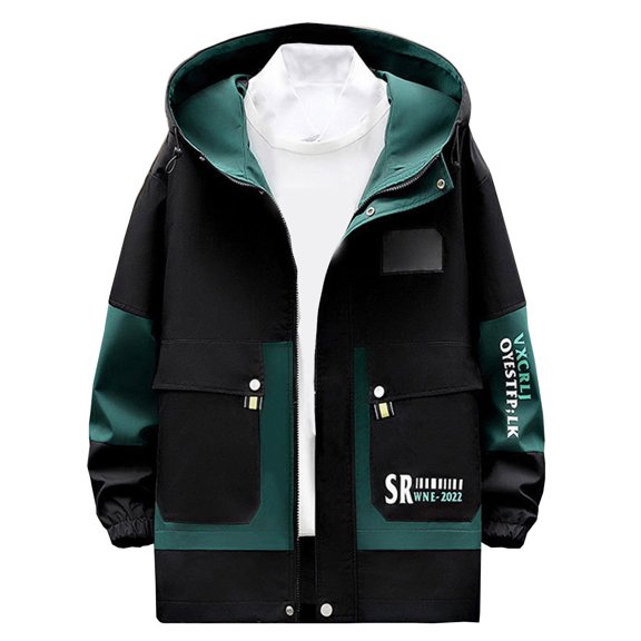 Luwomo Casual Jackets for Mens Mens Jackets Fall and Winter Hooded Long Sleeve Color Blocked Outdoor Style Loose Fit Coat with Pocket Tops Green,4XL