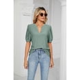 thumbnail image 2 of XCHQRTI Pleated Puff Sleeve Shirt Women's V Neck Solid Color Tops Summer Hollow Tunic Dressy Blouse, 2 of 9