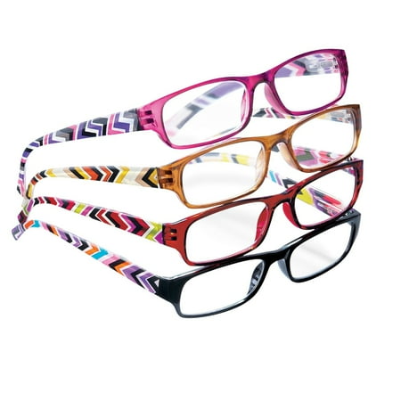 - Fashion Reader Glasses with Multicolored Geometrical Design on Arms - Set of 4, Precision-Crafted Lenses, 3.0X, Multicolored