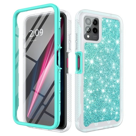 TJS for T-Mobile Revvl 6x Pro 5G / 6 Pro 5G Phone Case, with Built-in Screen Protector, Full Body Protective Glitter Bling Design Heavy Duty Hybrid Cover (Teal)