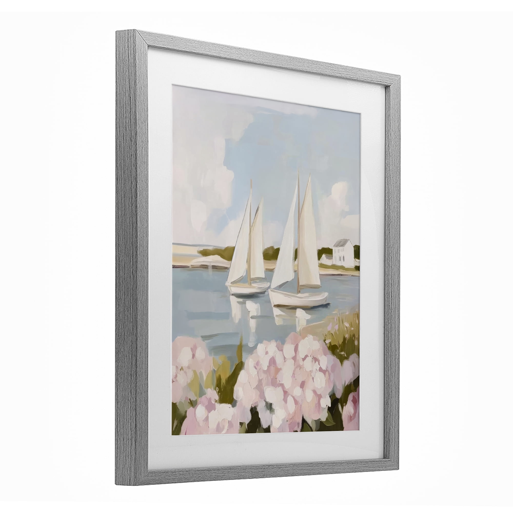 Stupell Industries Sailboat Duo with Pink Hydrangeas Gray Framed Print Under Glass, design by Sisi and Seb