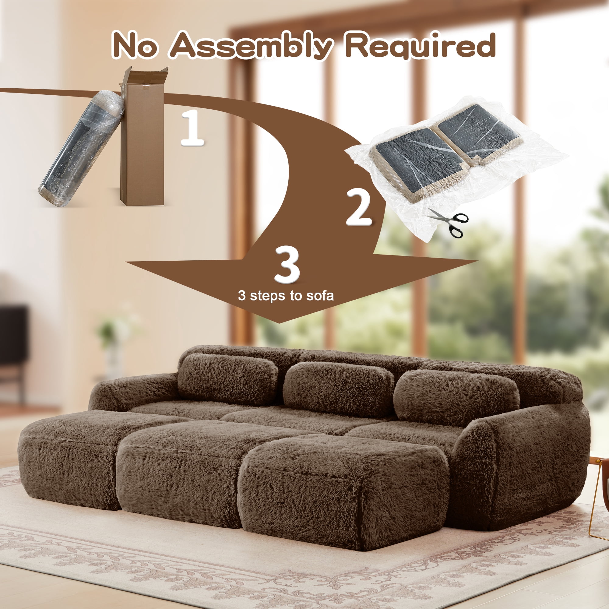 MAYEERTY 114.7" 3-Seater Plush Modular Sofa, Chocolate 32D Foam Non-Slip Base Buckle Connection No Assembly Couch with Movable Ottoman for Bedroom Living Room