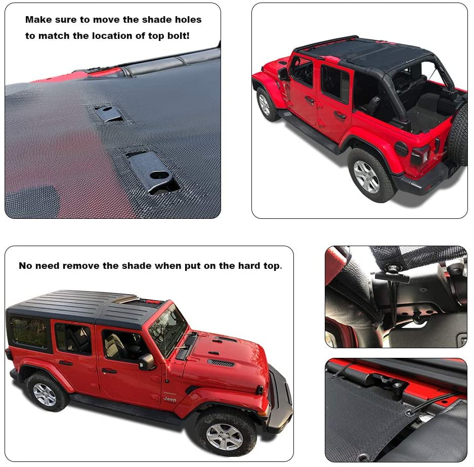Shadeidea Jeep Wrangler Sunshade JL Unlimited (2018-Current) 4 Door Front and Rear-Black Mesh Screen Sunshade JLU Top Cover UV Blocker with Grab Bag-One time Install 10 Years Warranty