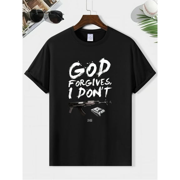Men's "God Forgives I Don't" Graphic T-Shirt - Lightweight Polyester, Casual Round Neck Short Sleeve Tee with AK Letter Print, Ideal for Summer Travel & Everyday Comfort