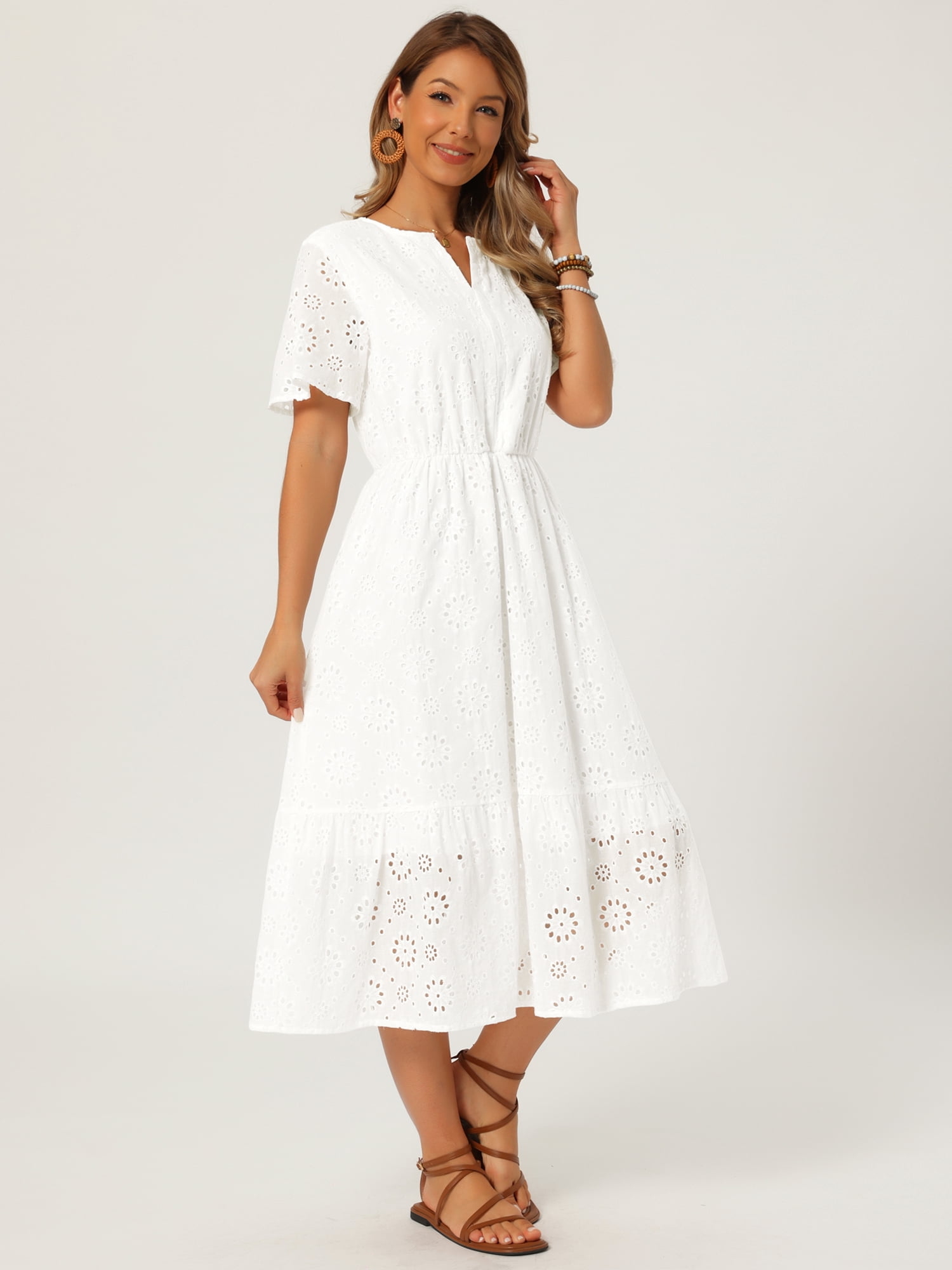 DARING DIVA Women's Eyelet Dress Notched Neck Short Sleeve A Line Midi Dress M White