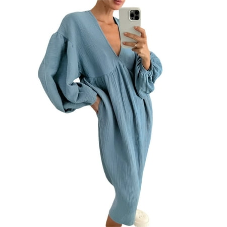 

Carolilly Women Summer Sleepwear Long Sleeve V-neck Solid Loose Long Dress Loungewear