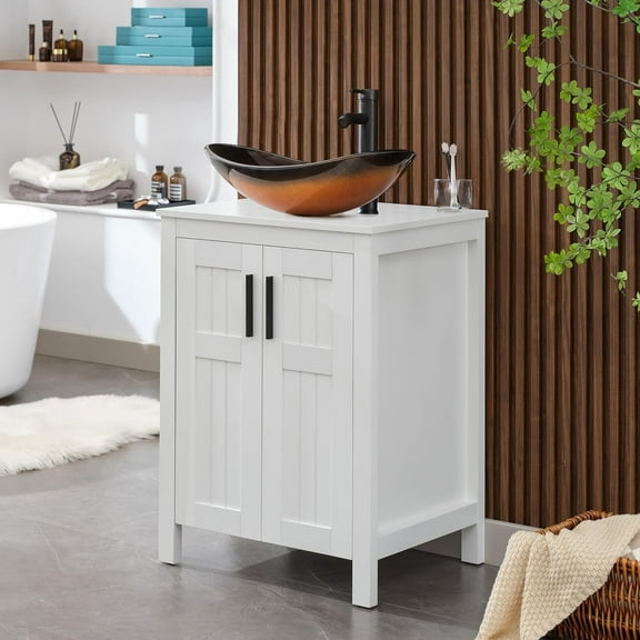 UEV White 24" Bathroom Vanity with Sink Combo, Modern Vessel Sink, Grooved Doors & Metal Handles, Mirror Not Included (029BR)