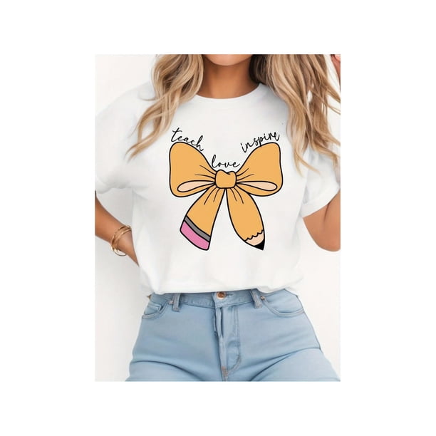 Women's inspirational Teacher Graphic T-Shirt - Casual Crew Neck, Pencil & Heart Print, Short Sleeve, Summer Knit Top, Perfect for Teachers, Mother's Day, Father's Day, Valentine's Day, and More,