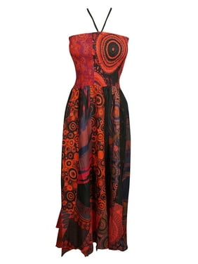 Mogul Women Midi Dress Red Black Cotton Printed Boho Hippy Gypsy Long Dresses Tube Dress S/M
