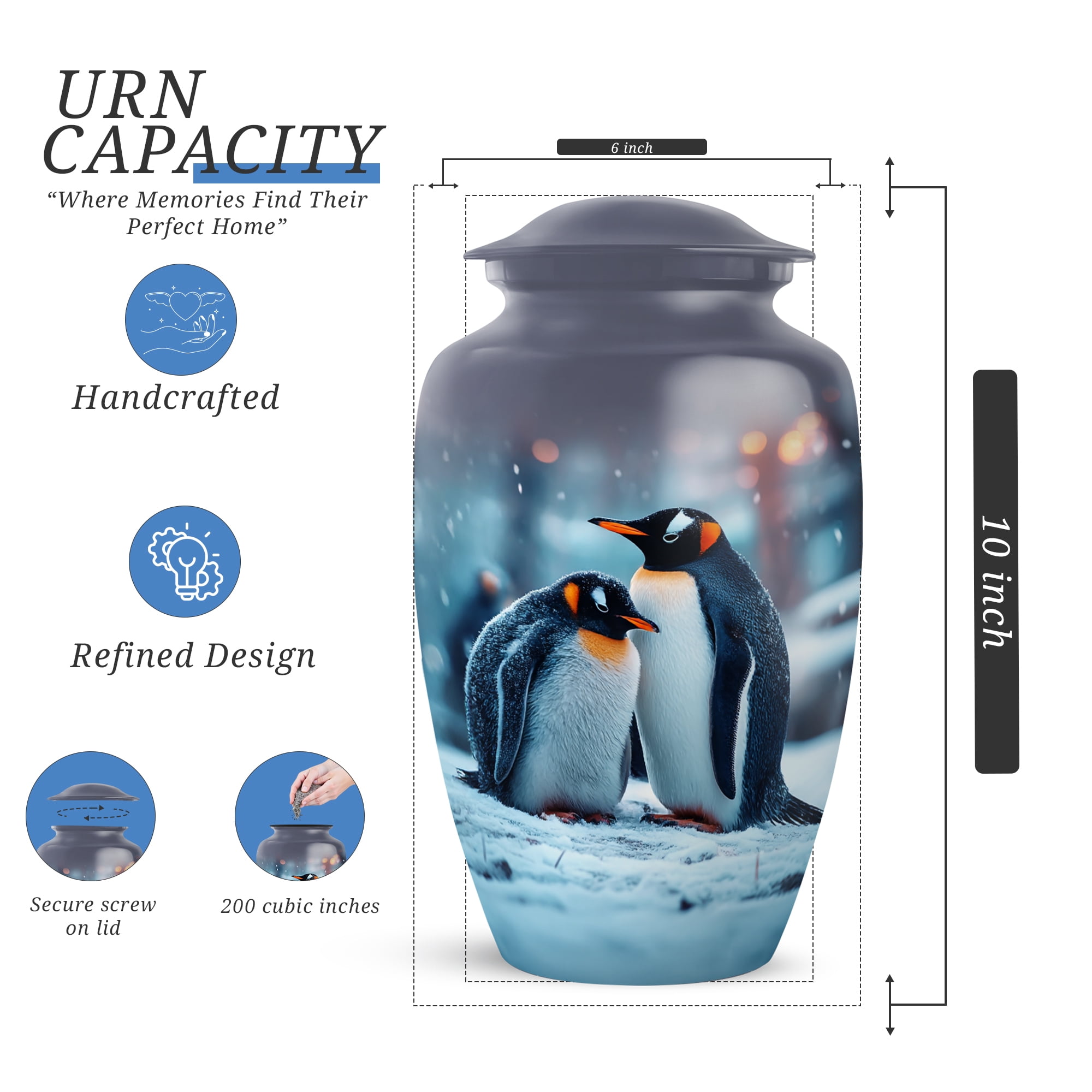 Penguins Cremation Urns For Human Ashes Adult Female Mom, Blue Urns For Human Ashes Man And Woman, Funeral Urn For Adults Male, Large Decorative Urn For Brother, 10 Inch