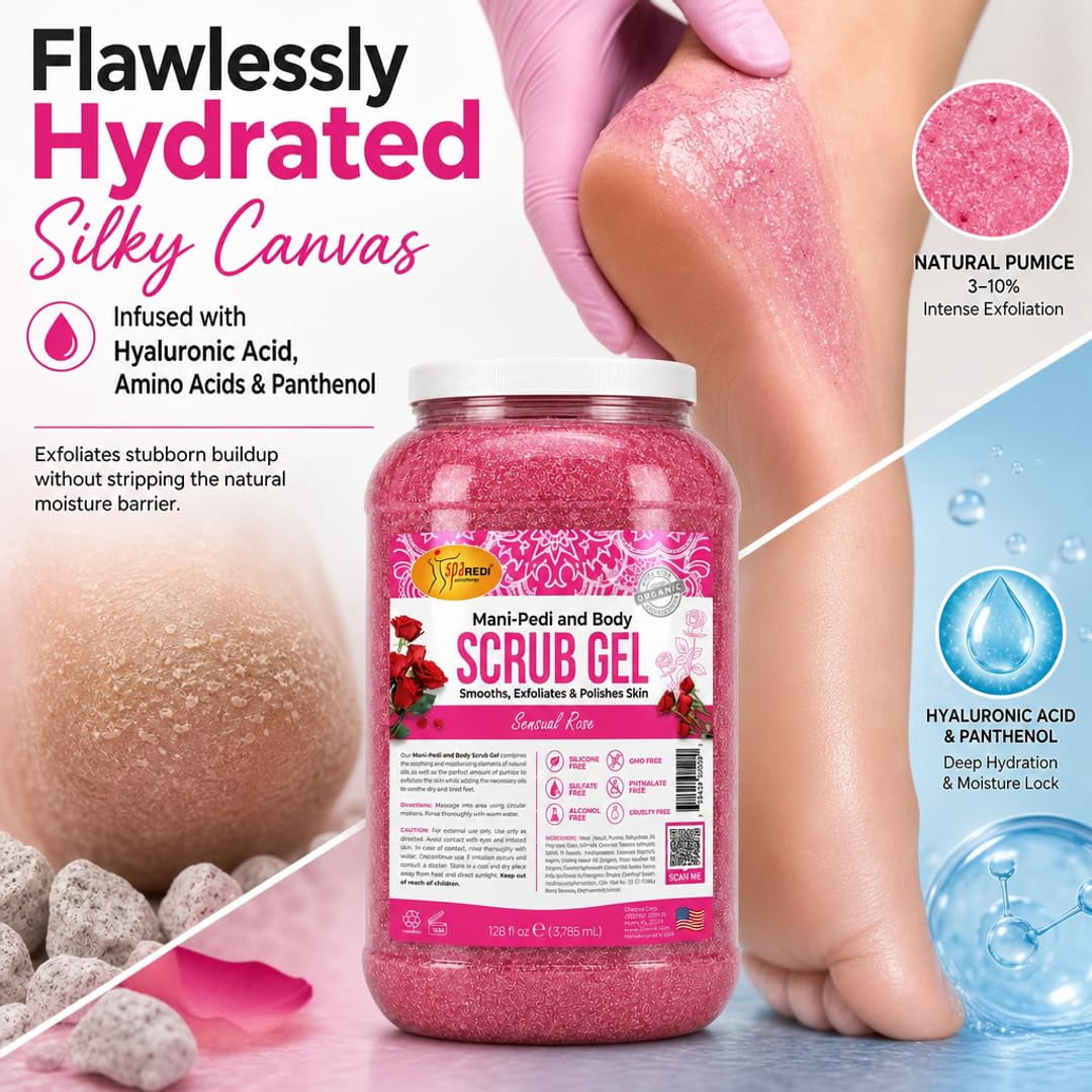 SPA REDI – Sensual Rose Pumice Scrub Gel, Exfoliating, Hydrating & Nourishing, Infused with Hyaluronic Acid, Amino Acids, Panthenol and Comfrey Extract for Glowy Smooth Skin – 128oz Gallon