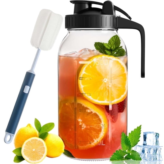 Glass Pitcher Mason Jar Pitcher for Fridge Door Wide Mouth Leak-Proof Glass Pitchers with Lids and Handle Dishwasher Safe for Juice,Sun Tea, 64oz Drink Container , Black
