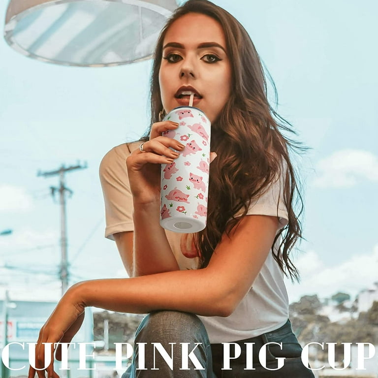 Pig Tumbler with Lid and Straw- Cute Pig Gifts for Pig Lovers- Pink Kawaii  Pig Cup, Coffee Mug, Skinny Tumbler, Water Bottle- Metal Thermal Insulated