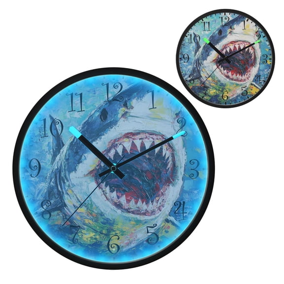 Voice Activated Clock with Glow Light 12 Inch Large Silent Wall Clock Battery Operated for Home Decor Abstract Painting Of A Shark