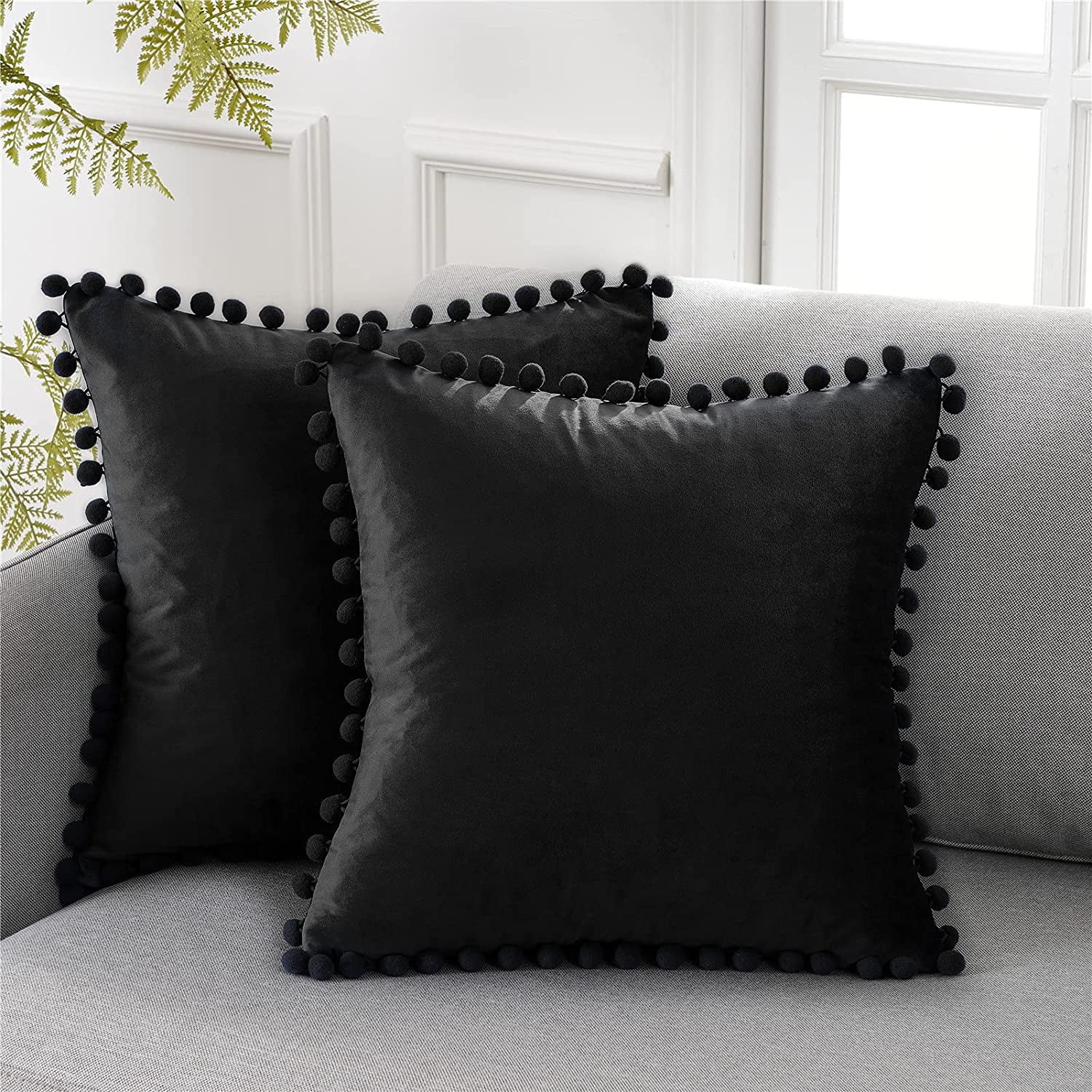 JUSPURBET Black Decorative Velvet Throw Pillow Covers 16x24,Pack of 2 Luxury Soft Solid Cushion Cases for Sofa Couch Bed