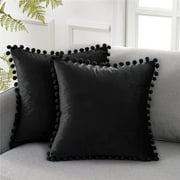 Top Finel Decorative Throw Pillow Covers for Couch Bed Soft Particles Velvet Solid Cushion Covers with Pom-poms 16 x 16 Inch, Pack of 2, Black