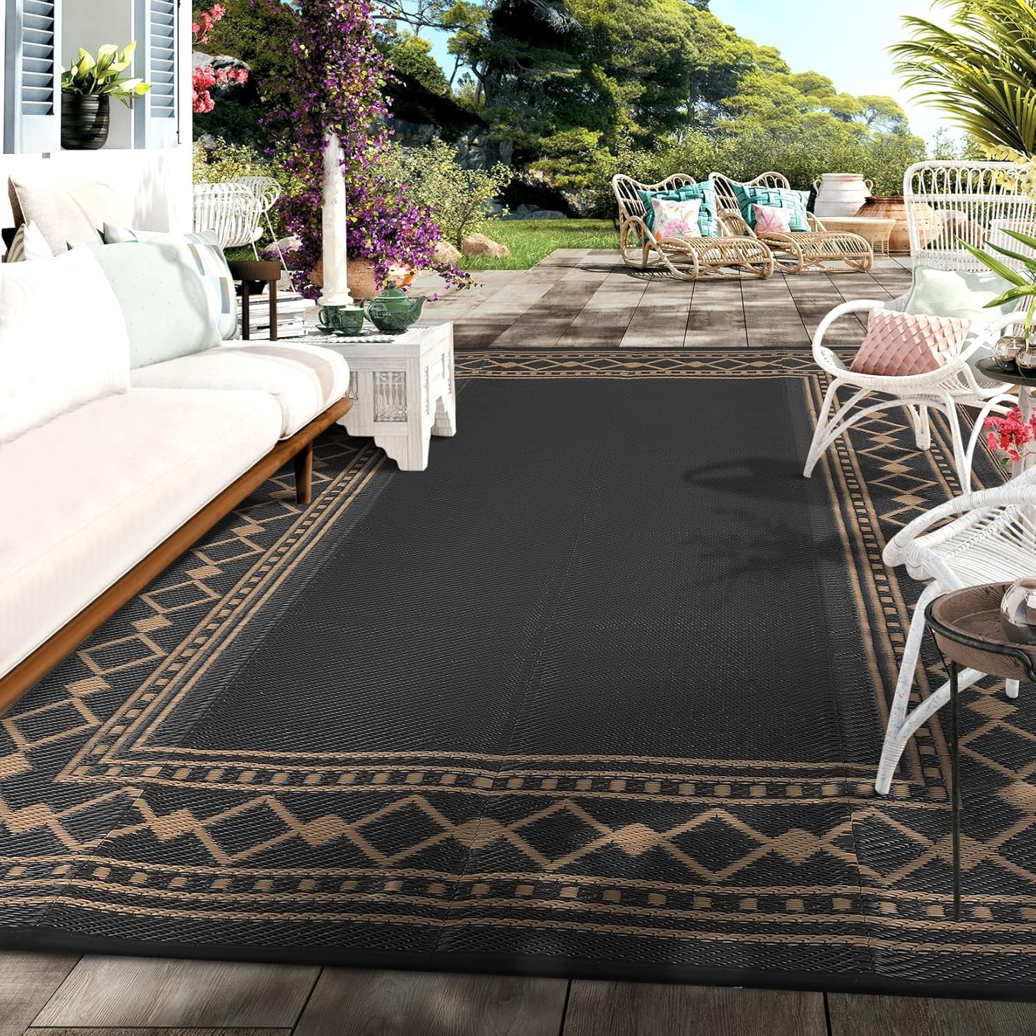 Funslane 9' x 18' Waterproof Outdoor Rug, Reversible Plastic Straw Patio Mat, Easy to Clean & Portable, for Deck, RV, Camping & Balcony, Black/Brown