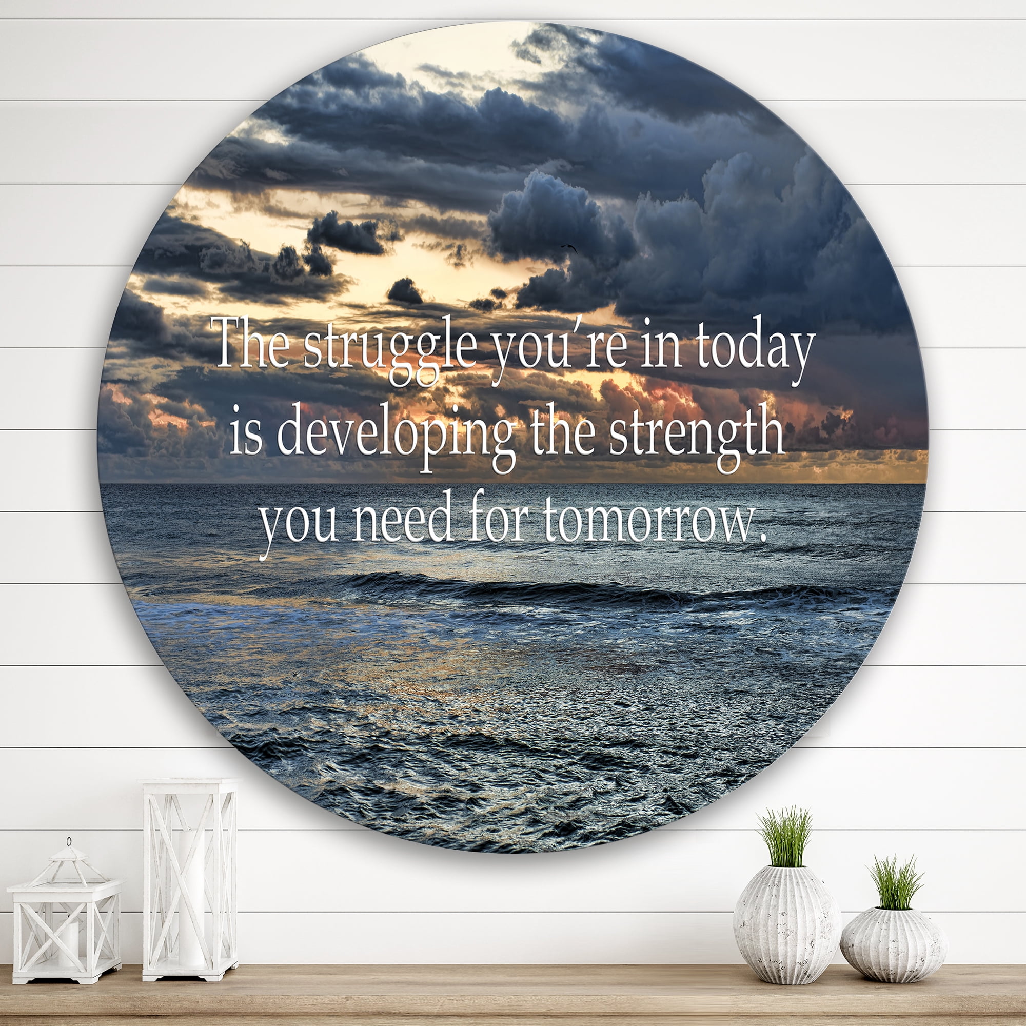 Designart 'Inspirational Quote and Ocean' Nautical & Coastal Circle Metal Wall Art 29x29 - Disc of 29
