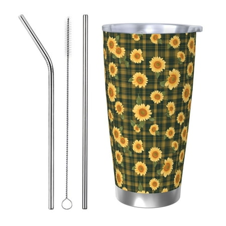 

Goofa Black Ink Green Plaid Sunflower for 20 oz Skinny Tumbler Stainless Steel Coffee Mug Slim Vacuum Insulated Travel Cup Car Cup-Straw Three-piece Set