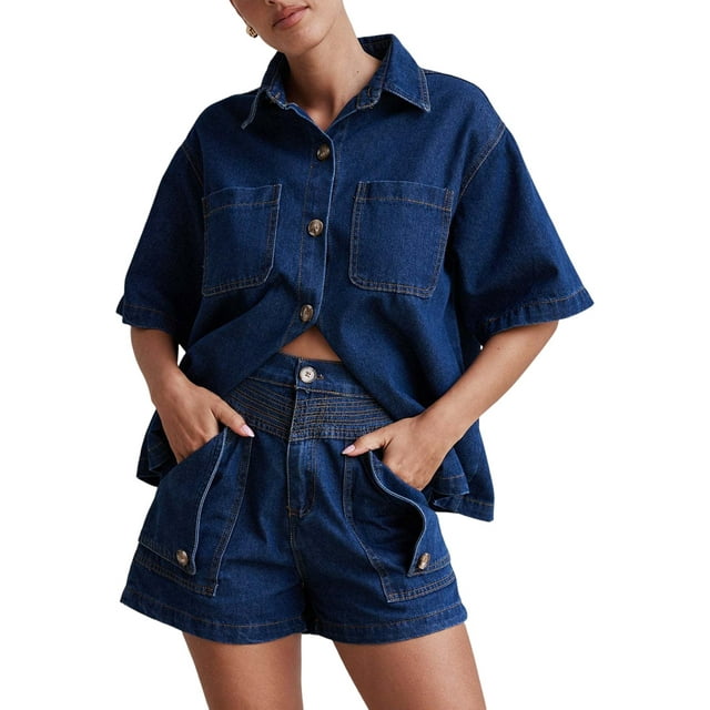 Conjuntos de 2 Piezas para Mujer: Camisa Vaquera Azul de Corta con Botones y Pantalones Cortos de Mezclilla de Cintura Alta. Azul Oscuro XXL