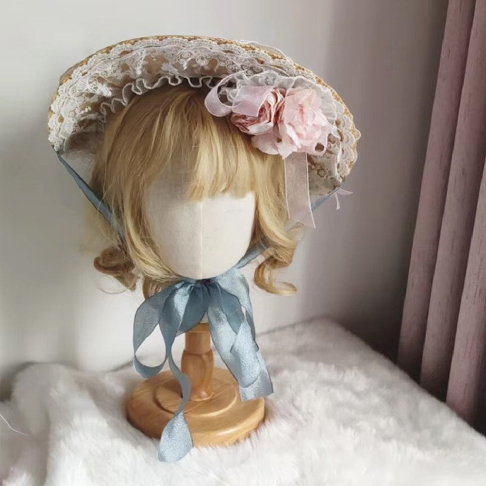 Sweet Tea Party Bonnet Lolita Flower Ribbon Sunshade Straw Hat Lace Sun Hat Vintage Flowers Flat Hat Pastoral Style Straw Hats