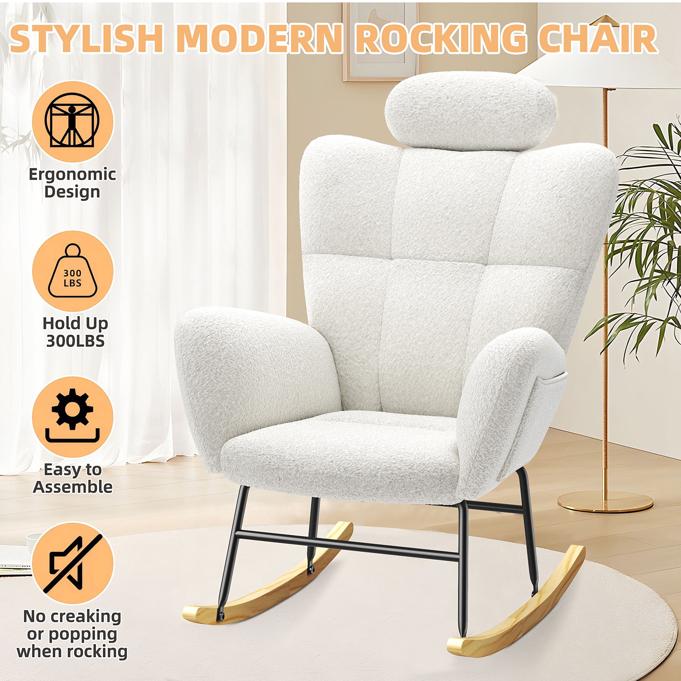 UHOMEPRO Modern Teddy Fabric Rocking Chair, Accent Rocker Chair with High Backrest, Accent Glider Rocker for Living Room Bedroom Playroom, White