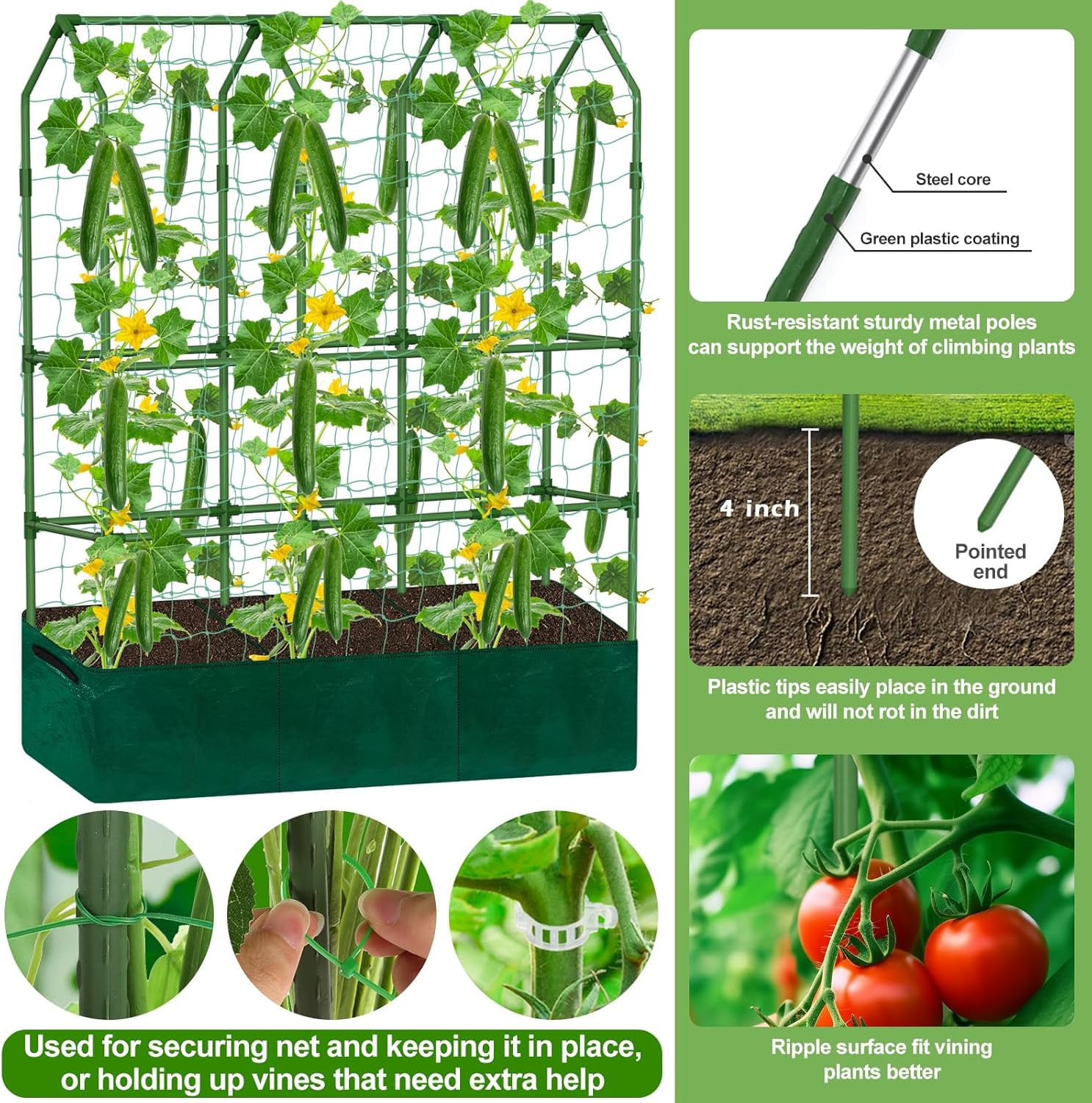 A-Frame Cucumber Trellis - 65 in (H) X 50 in (L) Supports Climbing Plants with Rectangle Raised Bed, Durable Garden Trellis for Outdoor Supporting Cucumbers Peas Vines, Includes Clips & Netting