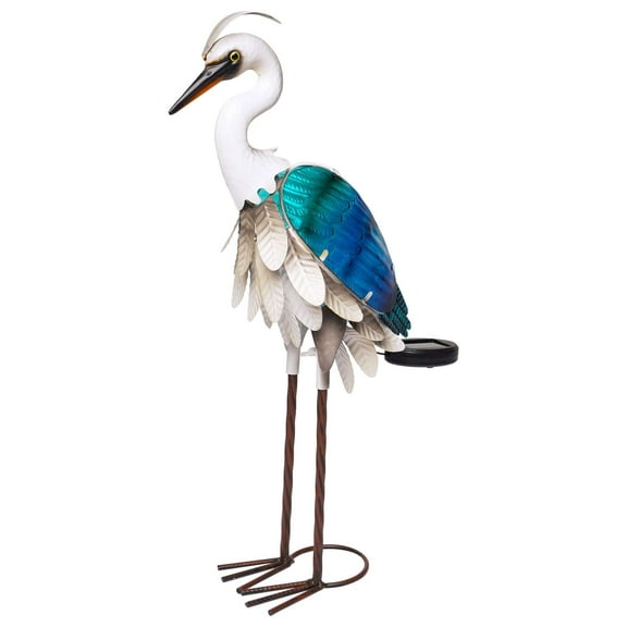 G128 Solar Metal Heron Statue 24" Outdoor Decor with LED Light, Colorful Yard Art for Lawn Patio