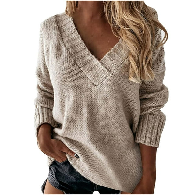 Qertyioot Chandails à Col en V pour Femmes Mode Automne et Hiver Décontracté Col Rond Manches Couleur Unie Hauts Blouse