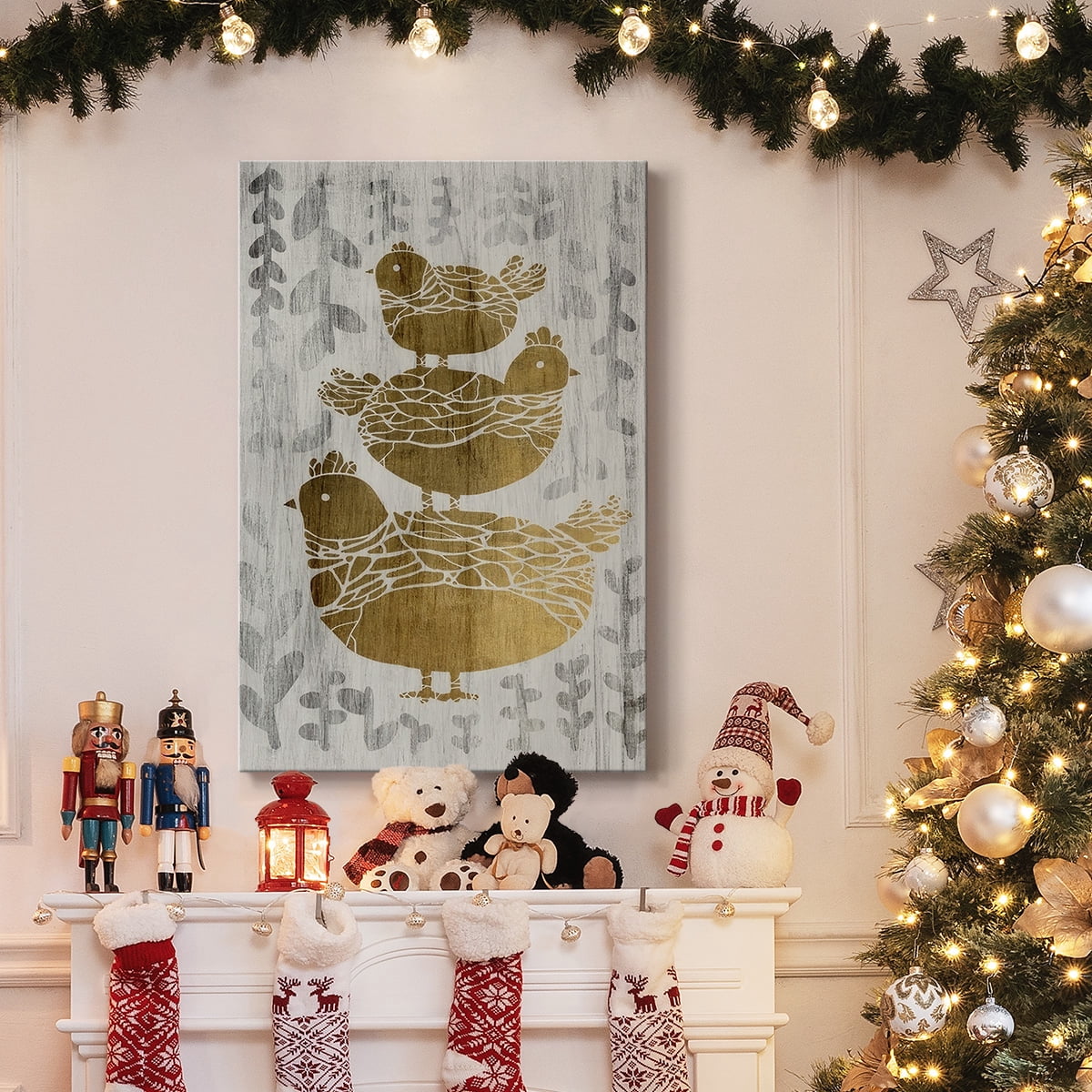 Three French Hens - Gold Leaf Holiday- Gallery Wrapped Canvas