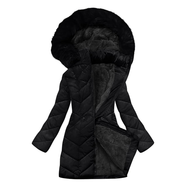 Wensltd Veste Doublée en Molleton pour Femmes à Capuche, Extérieure, Décontractée, Mode, Hiver, Chaude, Manteau Épais, Noir