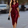 thumbnail image 2 of Women's Satin Wrap Midi Dress, Elegant V Neck Short Sleeve Cocktail Party Dresses, Flattering High Waisted Ruched Tulip Wedding Guest Gown with Belt, 2 of 4
