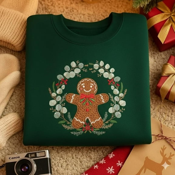 Embroidered Gingerbread Man Sweatshirt, Festive Holiday Hoodie, Christmas Decoration Outfit with Festive Flowers, Christmas Sweatshirt Gifts