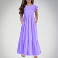 thumbnail image 2 of vdgthytj Girls Summer Maxi Dress Ruffle Short Sleeve Crew Neck Casual Flowy Tiered Long Dress with Pockets 6-12 Years, 2 of 6