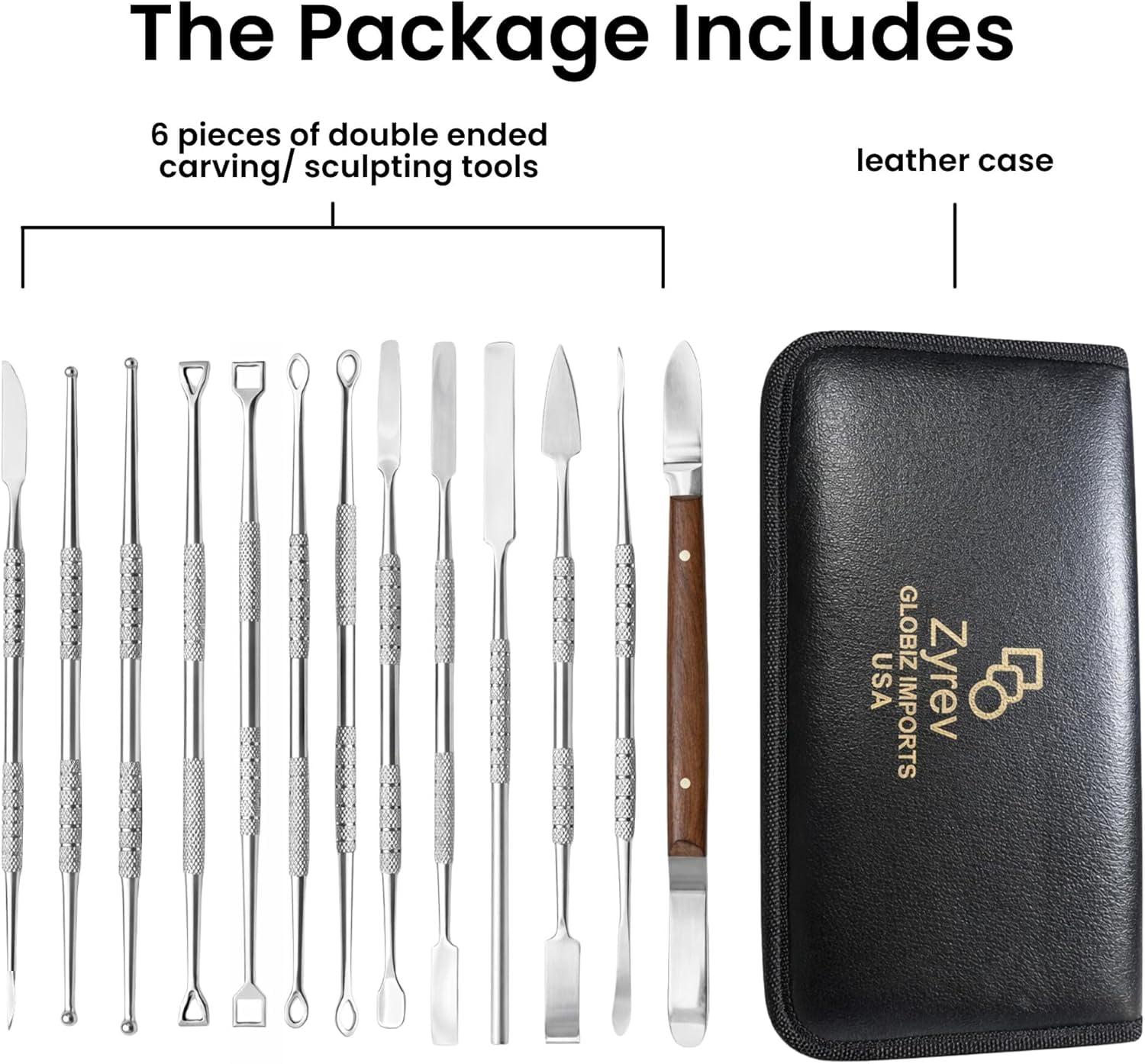 Zyrev 13-Piece Stainless Steel Double-Ended Clay Carving and Sculpting Tool Set with Leather Case (Silver)