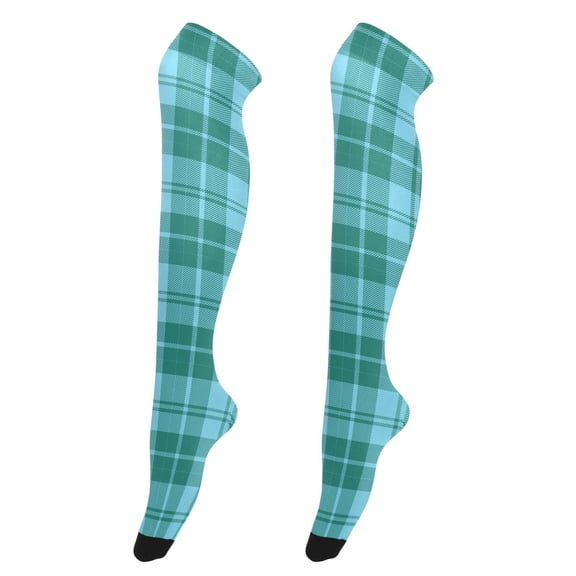 Blue Green Plaid High Thigh Socks Over Knee Thin Tights Long Stocking for Women Leg Warmer