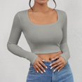 thumbnail image 2 of GigrtiJin Womens Fall Square Neck T-Shirt Long Sleeves Cropped Bottoming Tops Casual Comfy Solid Color Slim Blouse, 2 of 3