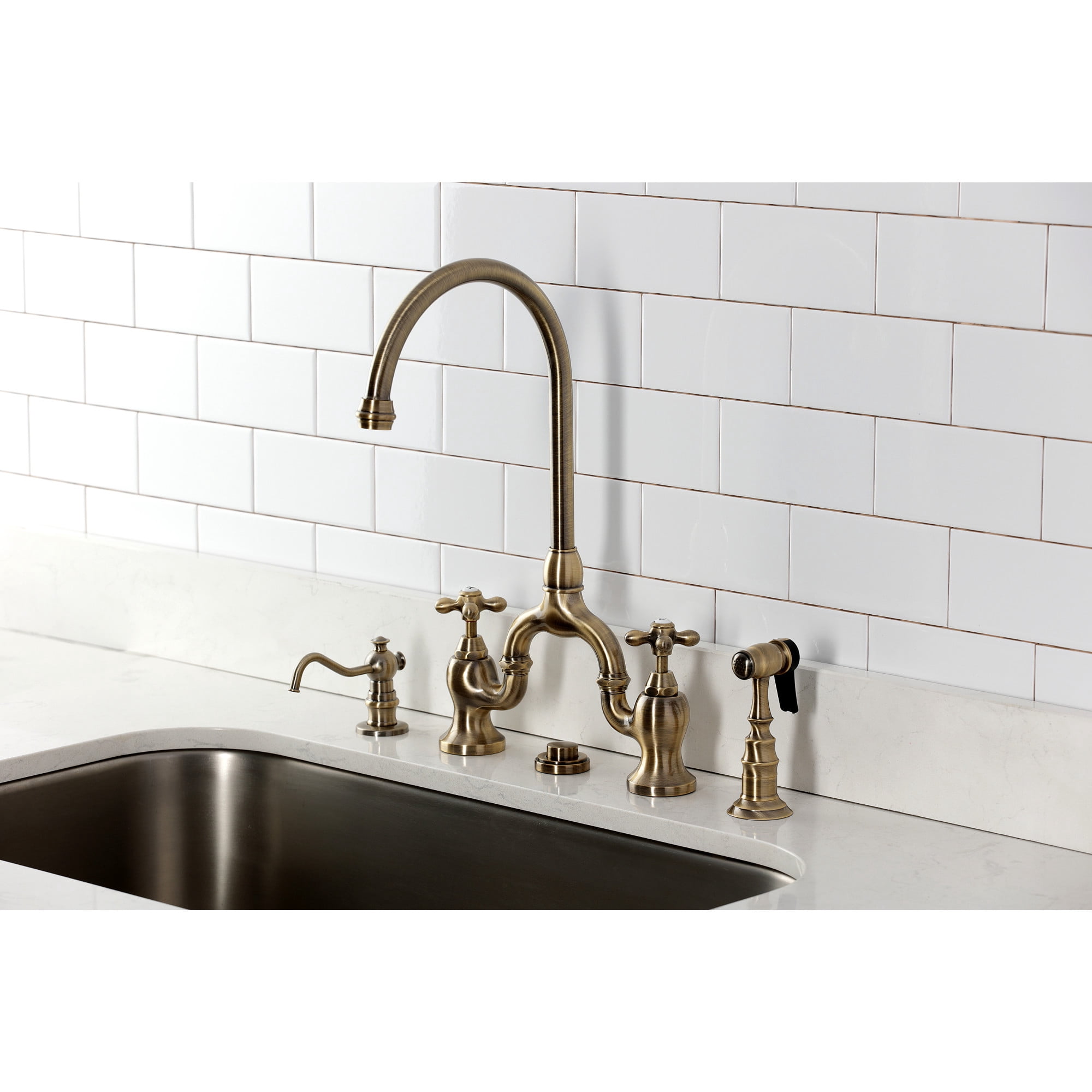 Kingston Brass KS7793AXBS English Country Bridge Kitchen Faucet with Brass Side Sprayer, Antique Brass