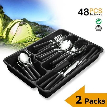 - Silverware Set Moxinox 2 Packs 48 Piece Flatware Tableware Plastic Handle Steak Knife Spoons Forks Knives Box Fork with Cutlery Tray (Black)