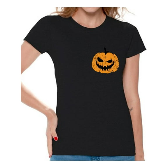 Awkward Styles Jack O'Lantern Pumpkin Shirt for Ladies Halloween Pumpkin Pocket Shirt for Women Spooky Pumpkin Face Tee Cute and Easy Pumpkin Halloween Costume for Ladies