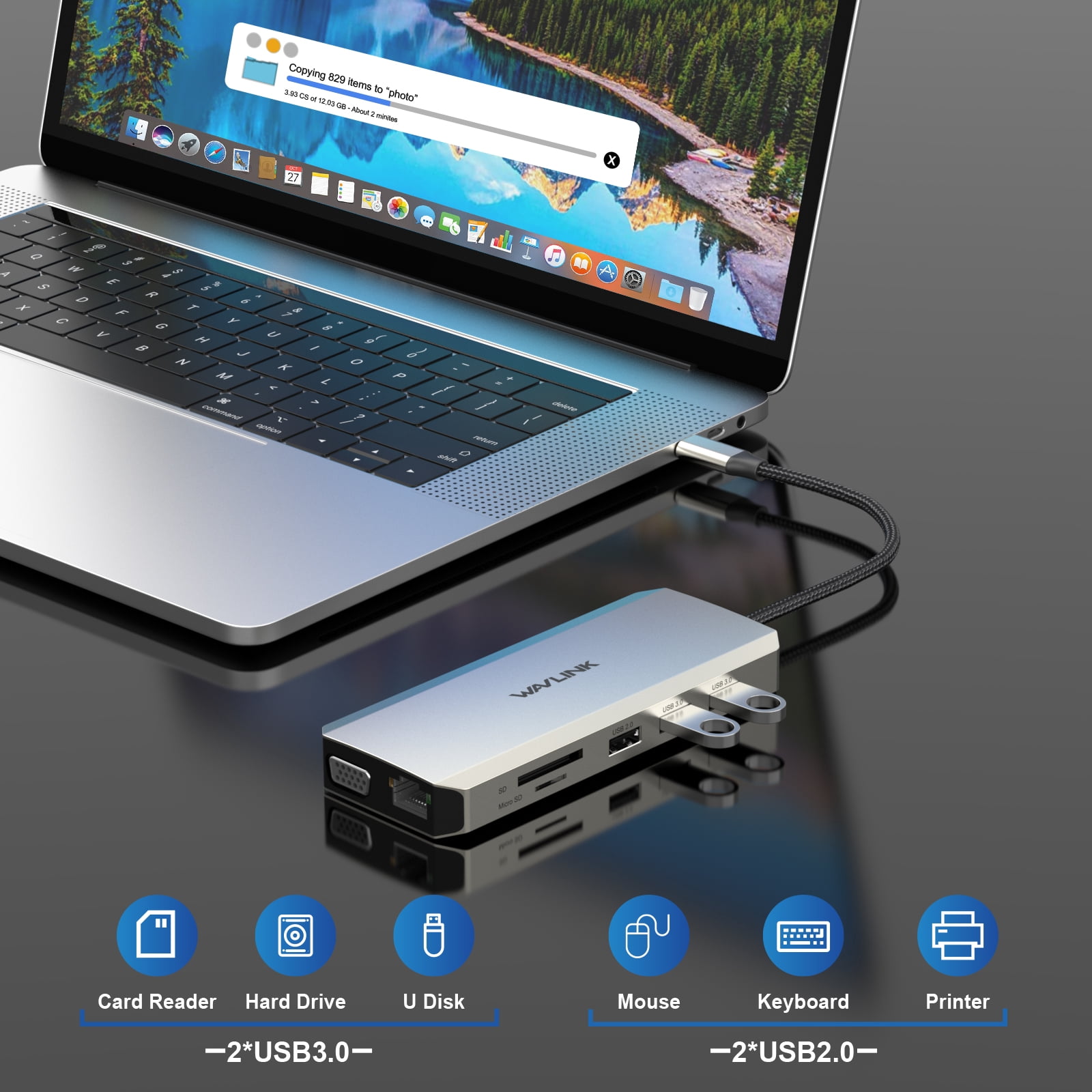 Wavlink USB C Dock 85W Charger USB C Hub, Dual Monitor 4K@30Hz HDMI, 2K@60Hz VGA, USB 3.0, USB 2.0, SD/TF, Gigabit Ethernet