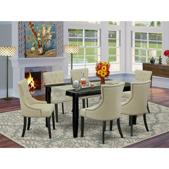 HomeStock Gothic Glamour 7Pc Dinette Set Includes A Rectangular Kitchen Table And Six Parson Chairs With Light Beige Fabric, Black Finish