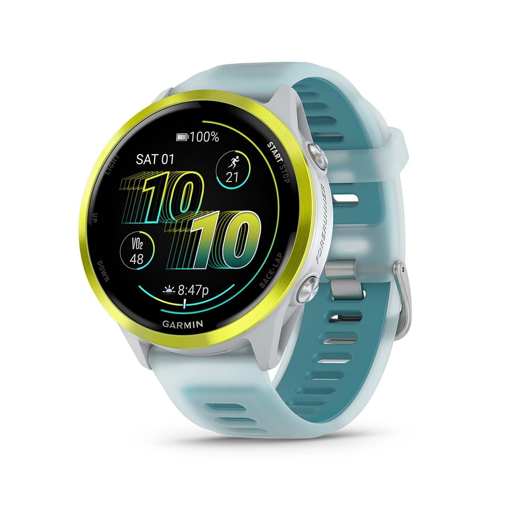 Garmin 010-02971-01 Forerunner 570 - 47mm GPS Smartwatch Aluminum and Whitestone/Turquoise Band Bundle with Deco Essentials Charging Dock, Silicone Dust Cover 3 Pack and 1.4 Inch Screen Protector