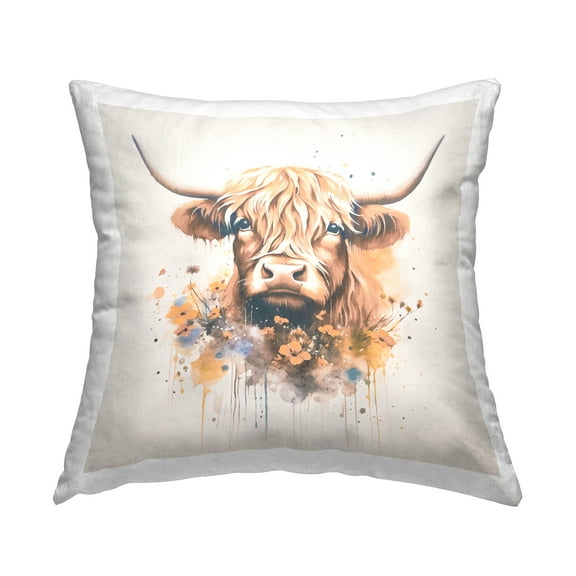 Stupell Industries Fancy Florals Highland Cow Decorative Printed Throw Pillow Design by Andrea Haase.