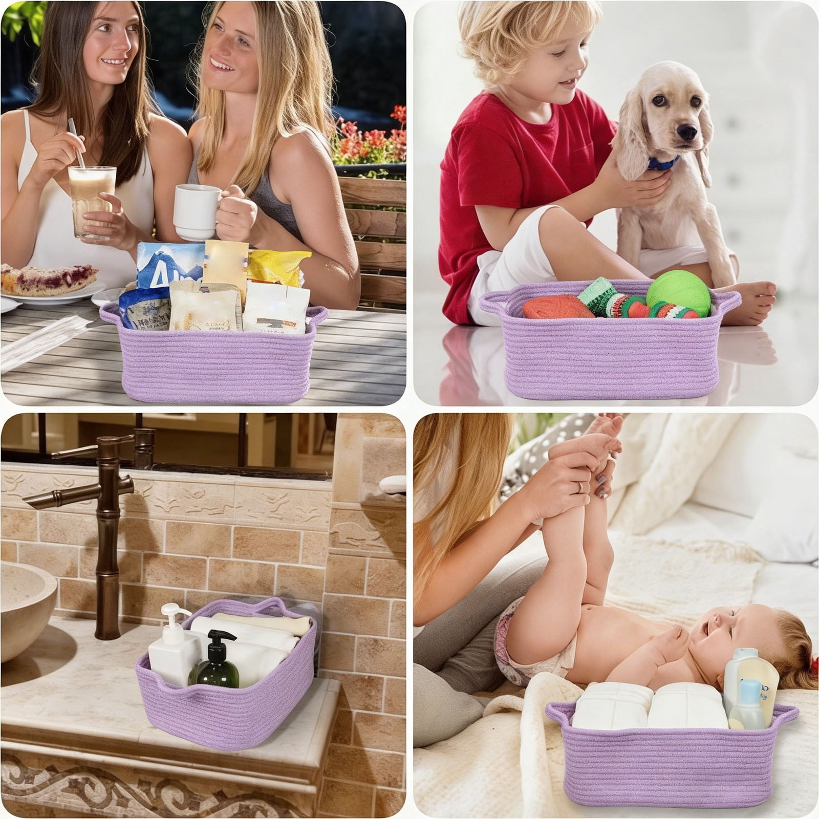 RUIKI 1Pc white rope basket, black storage bin, rectangular storage basket with handles, for toy, gift, storage