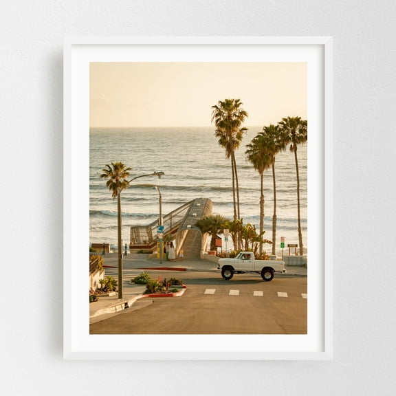 Cruising San Clemente - San Clemente California Photography Palm Tree Beach Ocean Coastal Vintage Sunset Boardwalk White Framed Wall Art Print 9 x 12 inches