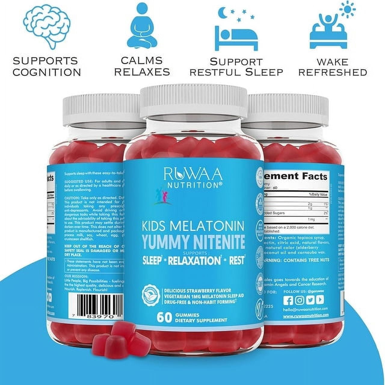 Ruwaa Nutrition Melatonin Gummies for Kids, Natural Sleep Aid, Strawberry Flavor, 60 Count