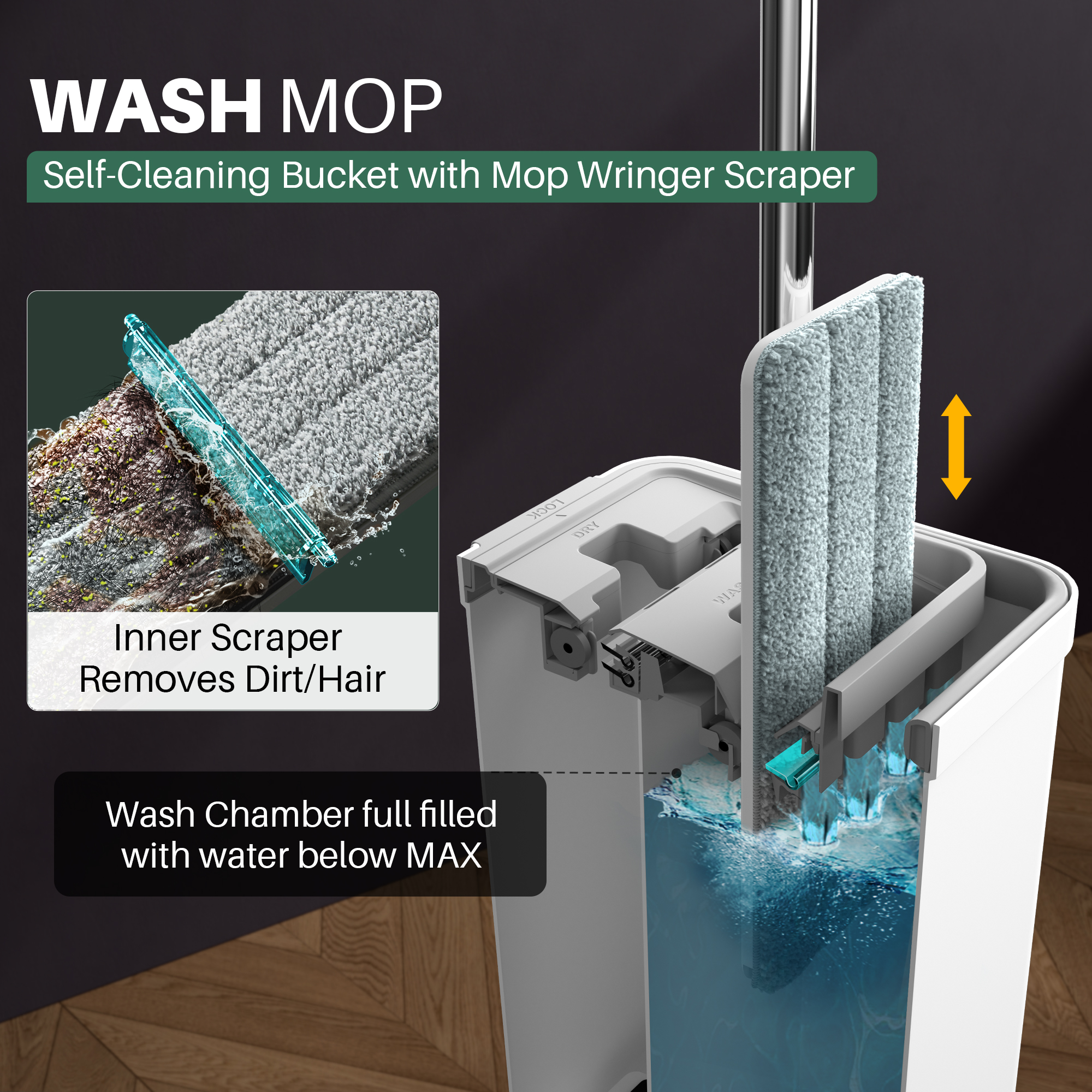 JOYMOOP Mop and Bucket with Wringer Set, Flat Microfiber, 3 Pads photo 2